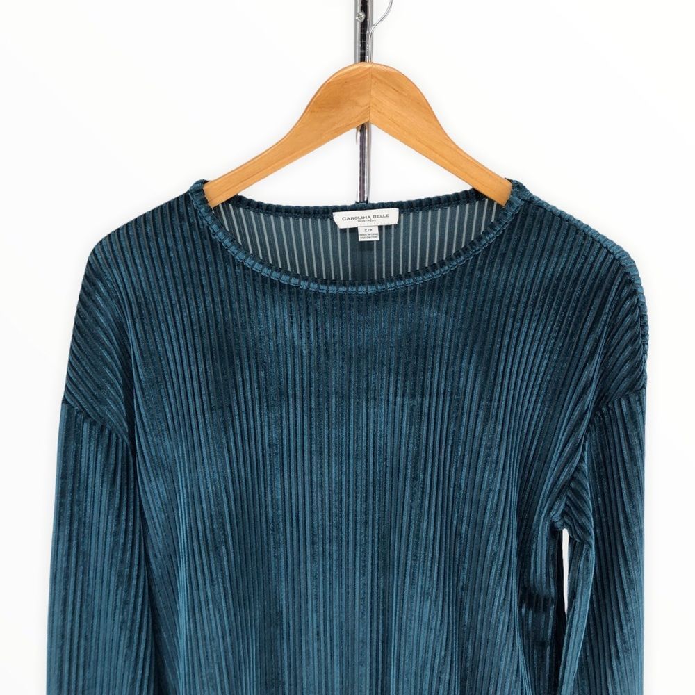 Carolina Belle Deep Teal Ribbed Velvet Long Sleeve Sweater Top Size Small - Picture 2 of 10